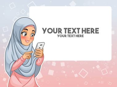 Başörtüsü Türban el mavi pembe arka plan karşı onun parmak karikatür karakter tasarımı ile vektör çizim işaret ederek bir akıllı telefon dokunmak giyen Müslüman kadın.