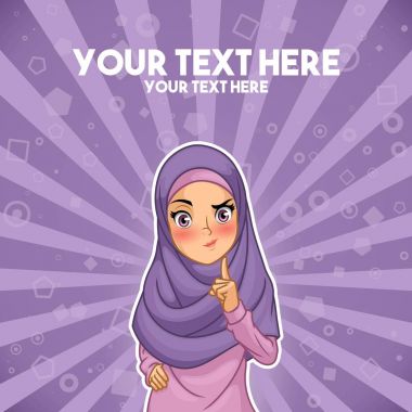 Mor çerçevede, vektör çizim karikatür karakter tasarımı parmağını kaldırdı yardım ile Başörtüsü Türban giyen Müslüman kadın.