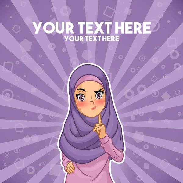 穆斯林妇女戴头巾盖头与手指举起卡通人物设计 反对紫色背景 矢量插图 — 图库矢量图片