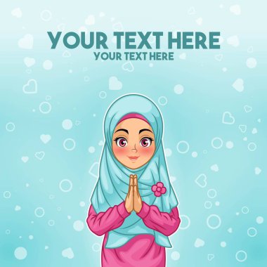 Tebrik karşılama jest elleri ile gülümseyen genç Müslüman kadın, tosca çerçevede, vektör çizim karikatür karakter tasarımı bir araya.