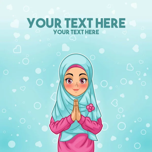 Tebrik karşılama jest elleri ile gülümseyen genç Müslüman kadın, tosca çerçevede, vektör çizim karikatür karakter tasarımı bir araya.