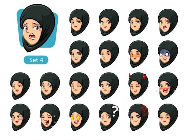 Keempat Set Wanita Muslim Mengenakan Jilbab Hitam Karakter Karakter Avatar - Stok Vektor