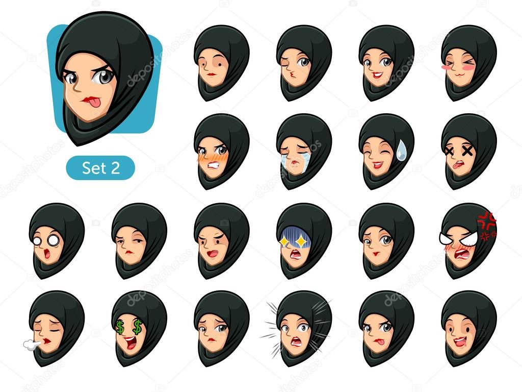 The second set of muslim woman wearing a black hijab cartoon character avatars with different facial emotions and expressions, sad, tired, angry, die, mercenary, disappointed, shocked, tasty, etc.