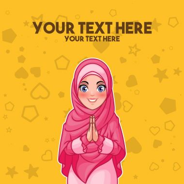 Araya karşılama jest elleriyle karikatür karakter tasarımı, tebrik sarı arka planı vektör çizim genç Müslüman giyen hijab peçe gülümseyen kadın.
