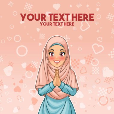 Araya karşılama jest elleriyle karikatür karakter tasarımı, tebrik pembe arka planı vektör çizim genç Müslüman giyen hijab peçe gülümseyen kadın.