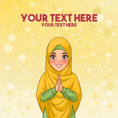 Araya karşılama jest elleriyle karikatür karakter tasarımı, tebrik sarı arka planı vektör çizim genç Müslüman giyen hijab peçe gülümseyen kadın.