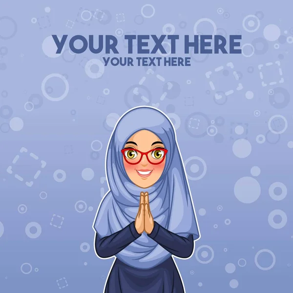 Araya karşılama jest elleriyle karikatür karakter tasarımı, tebrik mavi arka planı, vektör çizim genç Müslüman giyen hijab peçe gülümseyen kadın.