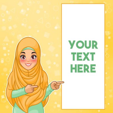Genç Müslüman kadın giyiyor hijab peçe işaret eden parmağa kopya alanı, sarı arka plan, vektör çizim karikatür karakter tasarımı sol tarafında.