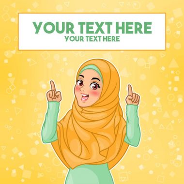 Hijab peçe işaret parmağı kadar kopya alanı, sarı arka plan, vektör çizim karikatür karakter tasarımı, giyen genç Müslüman kadın.