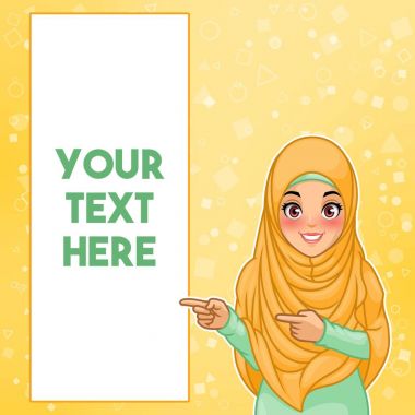 Genç Müslüman kadın giyiyor hijab peçe işaret eden parmağa kopya alanı, sarı arka plan, vektör çizim karikatür karakter tasarımı sağ tarafta.