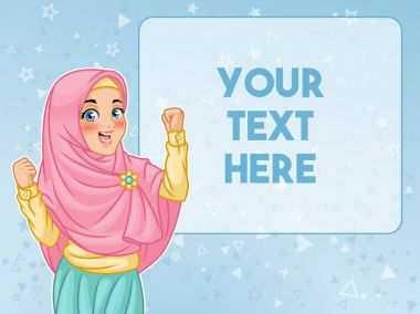 Hijab peçe gösteri başarılı zafer işareti ile el jest giyen genç Müslüman kadın kaldırdı, mavi arka plan, vektör çizim karikatür karakter tasarımı.
