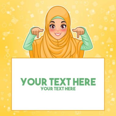 Kopya alanı, sarı arka plan, vektör çizim karikatür karakter tasarımı, hijab peçe işaret parmağı giyen genç Müslüman kadın.