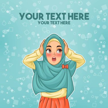 Hijab peçe kafasını çerçevede tosca, vektör çizim karikatür karakter tasarımı holding ile sürpriz giyen genç Müslüman kadın.