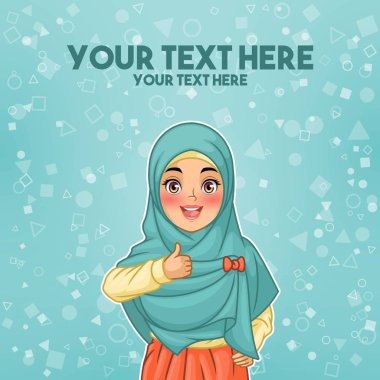 Onay ve başarı, tosca çerçevede, vektör çizim karikatür karakter tasarımı jesti Yaşasın vererek hijab peçe giyen genç Müslüman kadın.