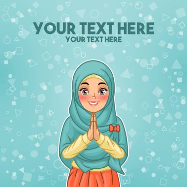 Araya karşılama jest elleriyle karikatür karakter tasarımı, tebrik tosca arka planı, vektör çizim genç Müslüman giyen hijab peçe gülümseyen kadın.