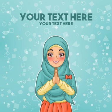 Young muslim woman wearing hijab veil smiling greeting with welcoming gesture hands put together, cartoon character design, against tosca background, vector illustration. clipart
