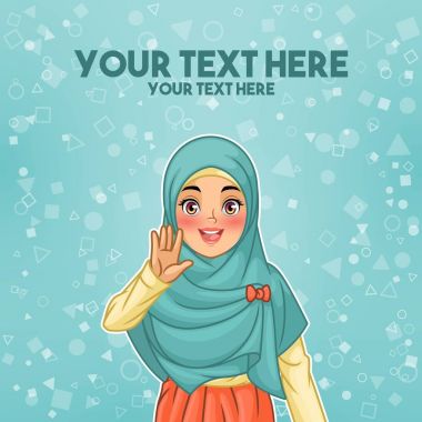 Onun palm veya beş parmak hareketi, tosca çerçevede, vektör çizim karikatür karakter tasarımı ile sallayarak hijab peçe giyen genç Müslüman kadın.