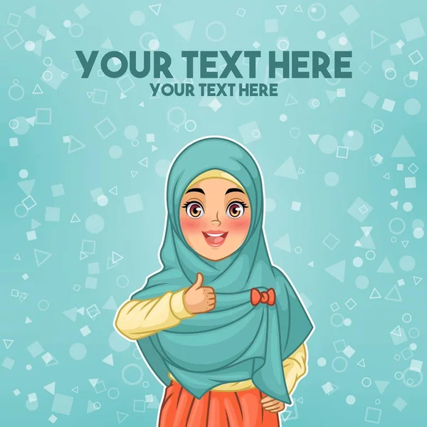 Onay ve başarı, tosca çerçevede, vektör çizim karikatür karakter tasarımı jesti Yaşasın vererek hijab peçe giyen genç Müslüman kadın.