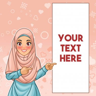 Genç Müslüman kadın giyiyor hijab peçe işaret eden parmağa kopya alanı, pembe bir arka plana dayanır, vektör çizim karikatür karakter tasarımı sol tarafında.
