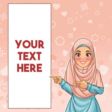 Genç Müslüman kadın giyiyor hijab peçe işaret eden parmağa kopya alanı, pembe bir arka plana dayanır, vektör çizim karikatür karakter tasarımı sağ tarafta.