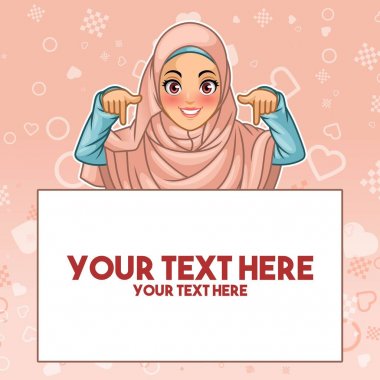 Kopya alanı, pembe bir arka plana dayanır, vektör çizim karikatür karakter tasarımı, hijab peçe işaret parmağı giyen genç Müslüman kadın.
