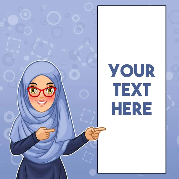 年轻的穆斯林妇女戴头巾和眼镜指着左手在复制空间 卡通人物设计 反对蓝色背景 矢量插图 — 图库矢量图片