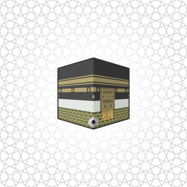 Kabe Binası Mekke 'nin Büyük Camii, Müslüman İbadet Binası, İslami Geometri Arkaplanındaki Karikatür Vektör İllüstrasyon Simgesi.
