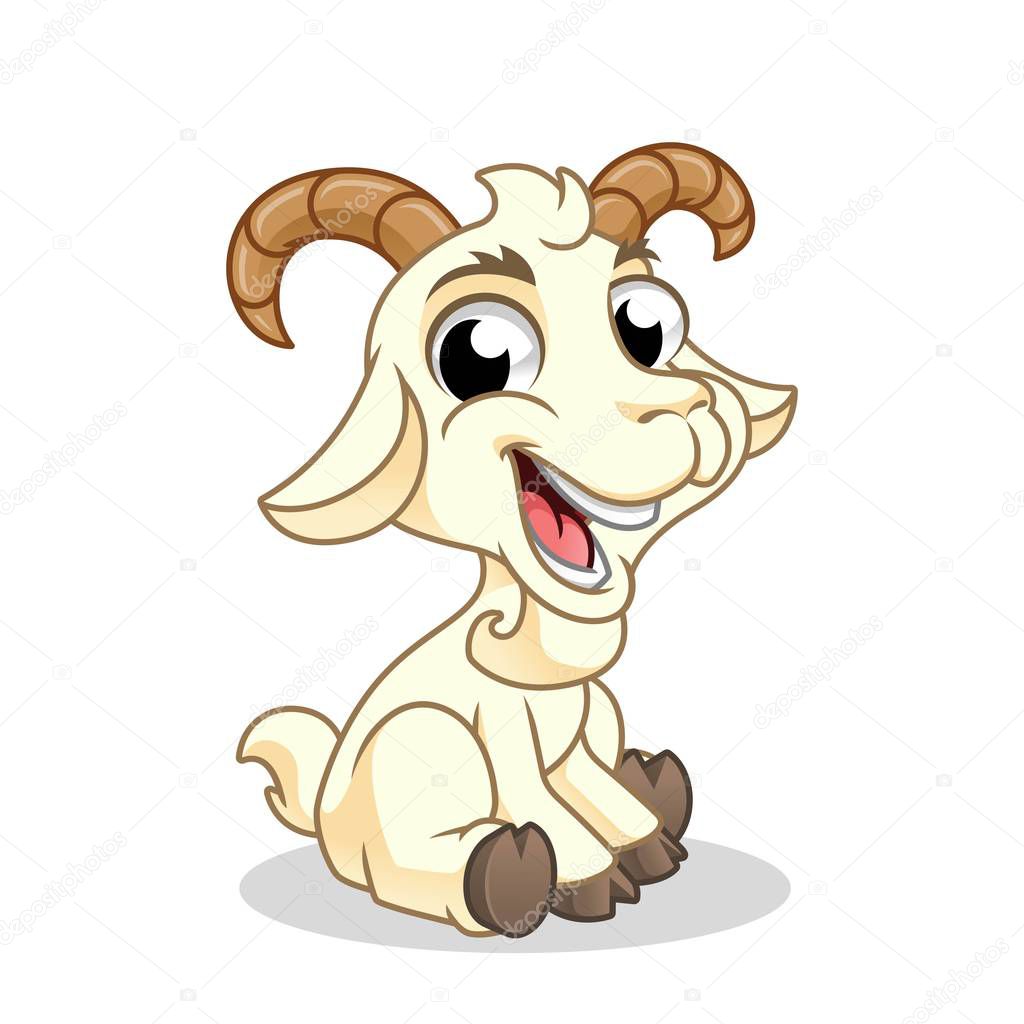 Goat Sitting, Mammal Animal, Cartoon Vector Illustration Mascot, in Isolated White Background.