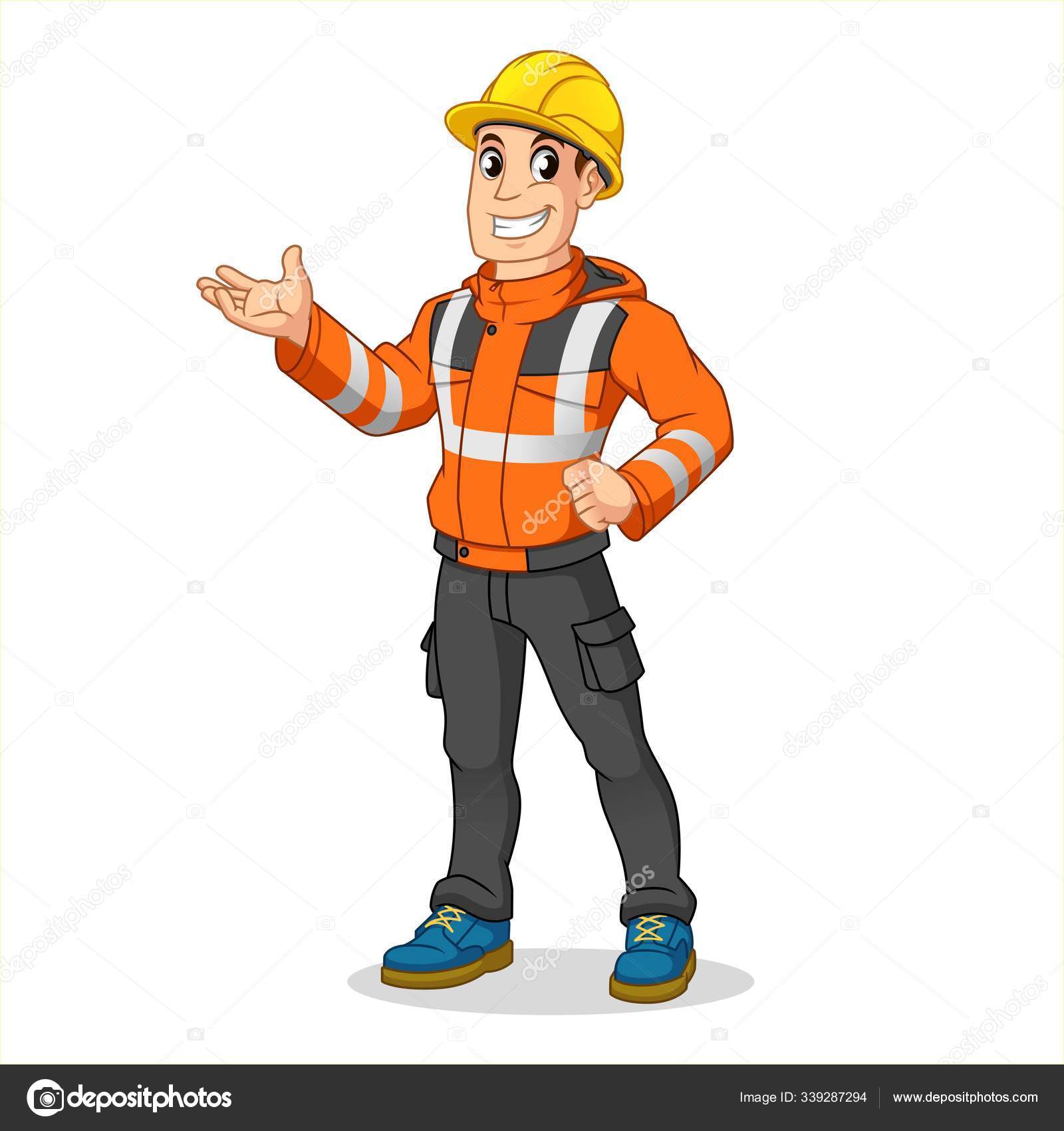 Male Industrial Worker Safety Jacket Hard Hat Present Something People male-industrial-worker-safety-jacket-hard-hat-present-something-people