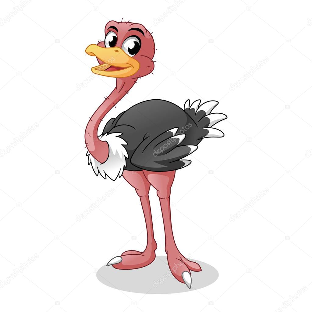 Happy Ostrich, Bird Animal, Cartoon Vector Illustration Mascot, in Isolated White Background.