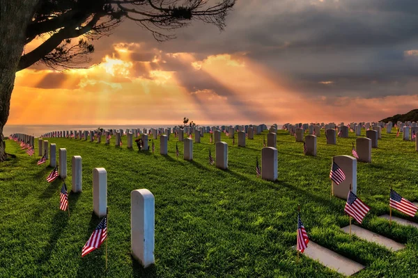 Sunset American Flags Memorial Day National Cemetery Southern California — Stock Photo, Image