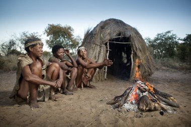 San ateşin yanında oturan Bushmen
