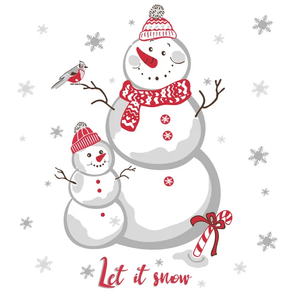 Kerst Nieuwjaar Illustratie Met Twee Sneeuwpoppen Vierkante Wenskaart Laat Het — Stockvector