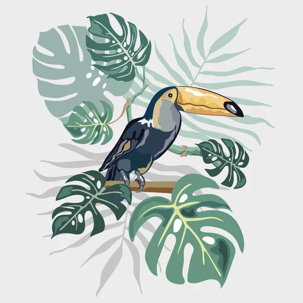 Vogel Toekan Achtergrond Van Tropische Bladeren Bloemen Illustratie Voor Design — Stockvector