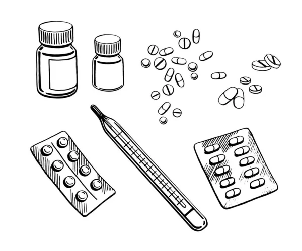 白い背景に医薬品や温度計のグラフィック線形イラスト 治療のための錠剤 ビタミンまたは軟膏の包装 — ストック写真
