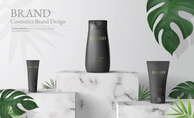 Beyaz mermer kare podyum beyaz arka planda. Monstera yapraklarından dekorlar ve reklam ürünü, satış, pankart, sunum, kozmetik ürünleri için boş marka sahnesi. 3d illüstrasyon vektörü