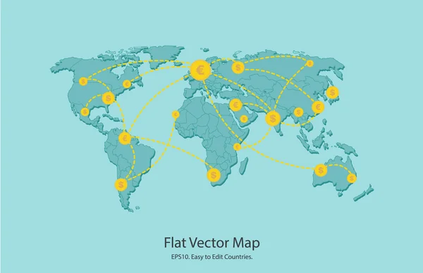 矢量图。平坦的背景。世界地图。交易市场的中心点。赚钱，业务。市场分析。投资. — 图库矢量图片