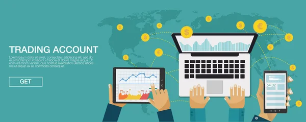 Ilustración vectorial. Fondo plano. Comercio de mercado. Plataforma de negociación y cuenta. Ganando dinero, negocios. Análisis de mercado. Invertir . — Archivo Imágenes Vectoriales