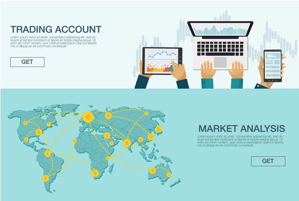 Ilustración vectorial. Fondo plano. Comercio de mercado. Plataforma de negociación y cuenta. Ganando dinero, negocios. Análisis de mercado. Invertir . — Archivo Imágenes Vectoriales