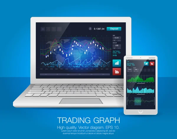 Laptop ve smartphone ile ekran UI. Fütüristik kullanıcı arabirimi ve Infographic öğeleri iş uygulaması için. Soyut sanal grafik dokunmatik ekran monitör radar set web öğeleri — Stok Vektör