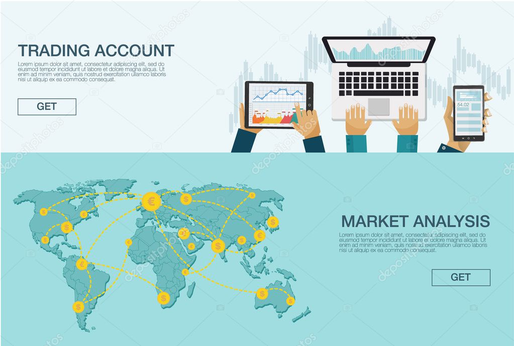 Vector illustration. Flat background. Market trade. Trading platform and account. Moneymaking,business. Market analysis. Investing.