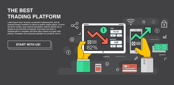 Illustrazione moderna della linea piatta del vettore. Commercio di mercato. Opzione binaria. Piattaforma di trading, conto. Fare soldi, fare affari. Analisi di mercato. Investire. Applicazione per telefono, laptop, tablet — Vettoriale Stock