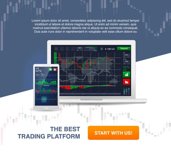 Vektör modern çizim. Piyasa ticaret. İkili seçeneği. Ticaret platformu, hesap. Moneymaking, iş. Piyasa analizi. Yatırım. Telefon, laptop, tablet için uygulama