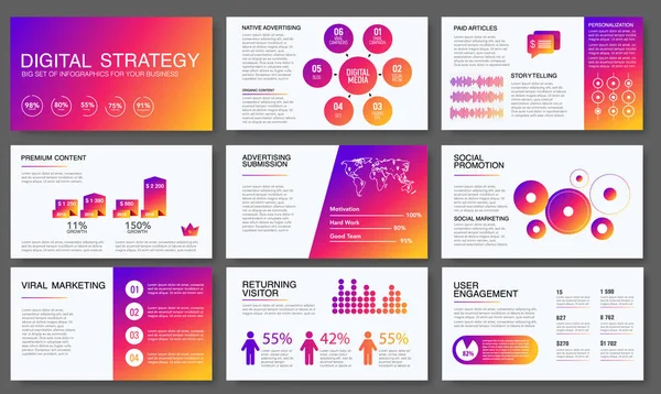 Big infographics in modern gradient style. Vector illustration about digital projects, management, clients brief, design and communication. Use in website, report, presentation, advertising, marketing — Stock Vector