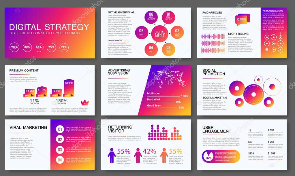 Big infographics in modern gradient style. Vector illustration about digital projects, management, clients brief, design and communication. Use in website, report, presentation, advertising, marketing