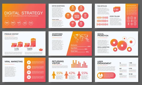 Grandes infografías en estilo degradado moderno. Ilustraciones vectoriales sobre proyectos digitales, gestión, resumen de clientes, diseño y comunicación. Uso en el Web site, informe corporativo, presentación, publicidad, comercialización Ilustraciones De Stock Sin Royalties Gratis