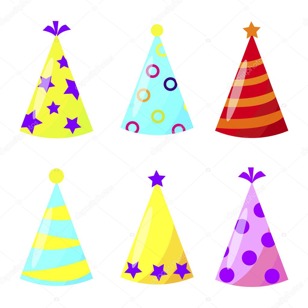 Bright, colored holiday caps on a white background. Hats in the shape of a cone for various happy holidays. Vector illustration. Stock Photo.