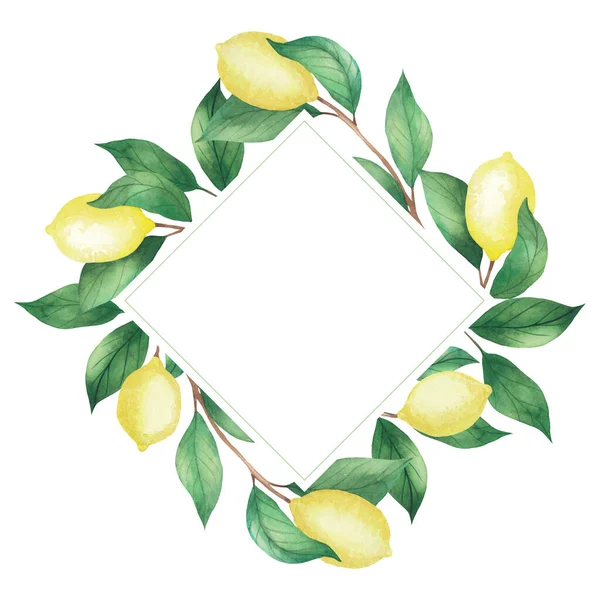 Pozvánka Akvarelový Rám Citrónů Zelených Větví Listy Rhombus Rám Izolované — Stock fotografie