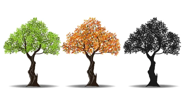 Κόκκινο Πράσινο Και Σιλουέτες Δέντρο Που Απομονώνονται Λευκό Φόντο Εικονογράφηση — Διανυσματικό Αρχείο