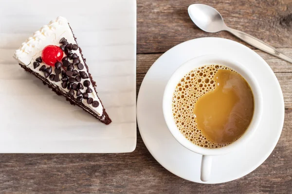 Tasse Kaffee Und Schokoladenkuchen Auf Holz Hintergrund — Stockfoto